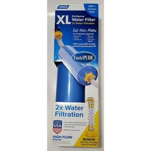 New Camco RV, Marine Exterior XL Water Filter W/Flexible Hose Protector 40019